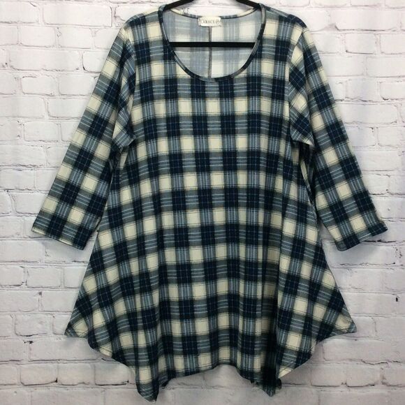 Larace Tunic Top Women's Plus Size 2x Blue Plaid Shark Bite Hem Pullover Stretch - Picture 5 of 6